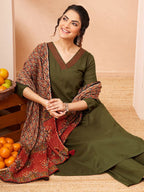 Janasya Olive Straight Rayon Slub Kurta,Bottom & Dupatta | Grocsy