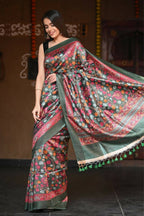 Very Much Indian Handloom Pure Tussar Silk With Floral Prints - Green | Grocsy