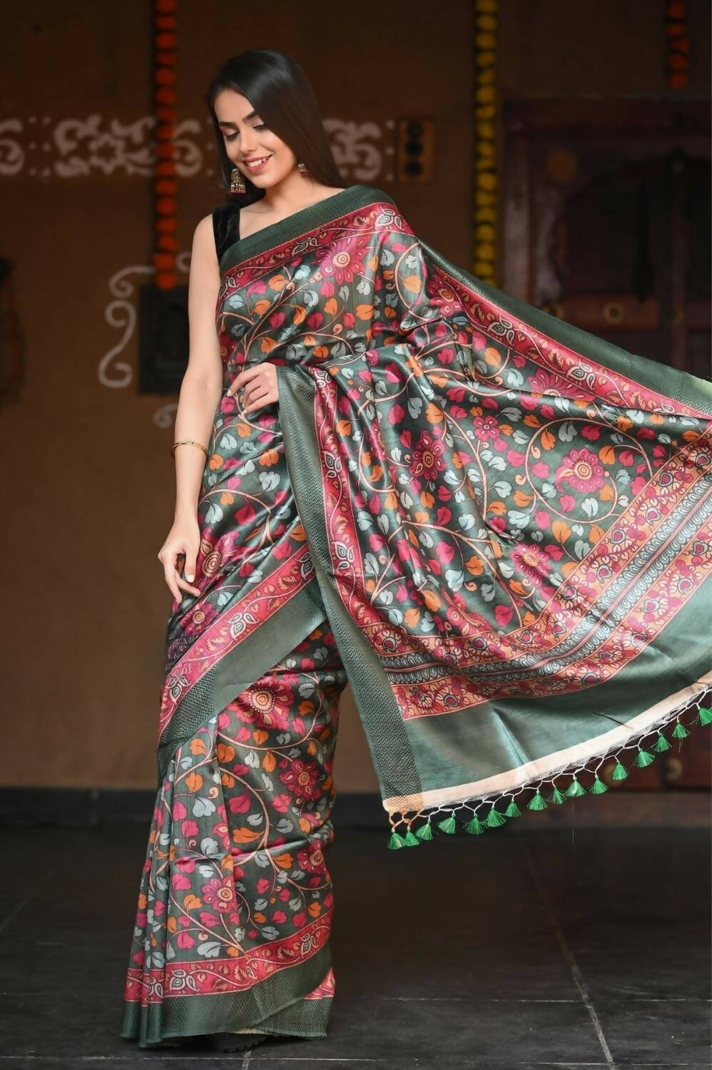 Very Much Indian Handloom Pure Tussar Silk With Floral Prints - Green | Grocsy