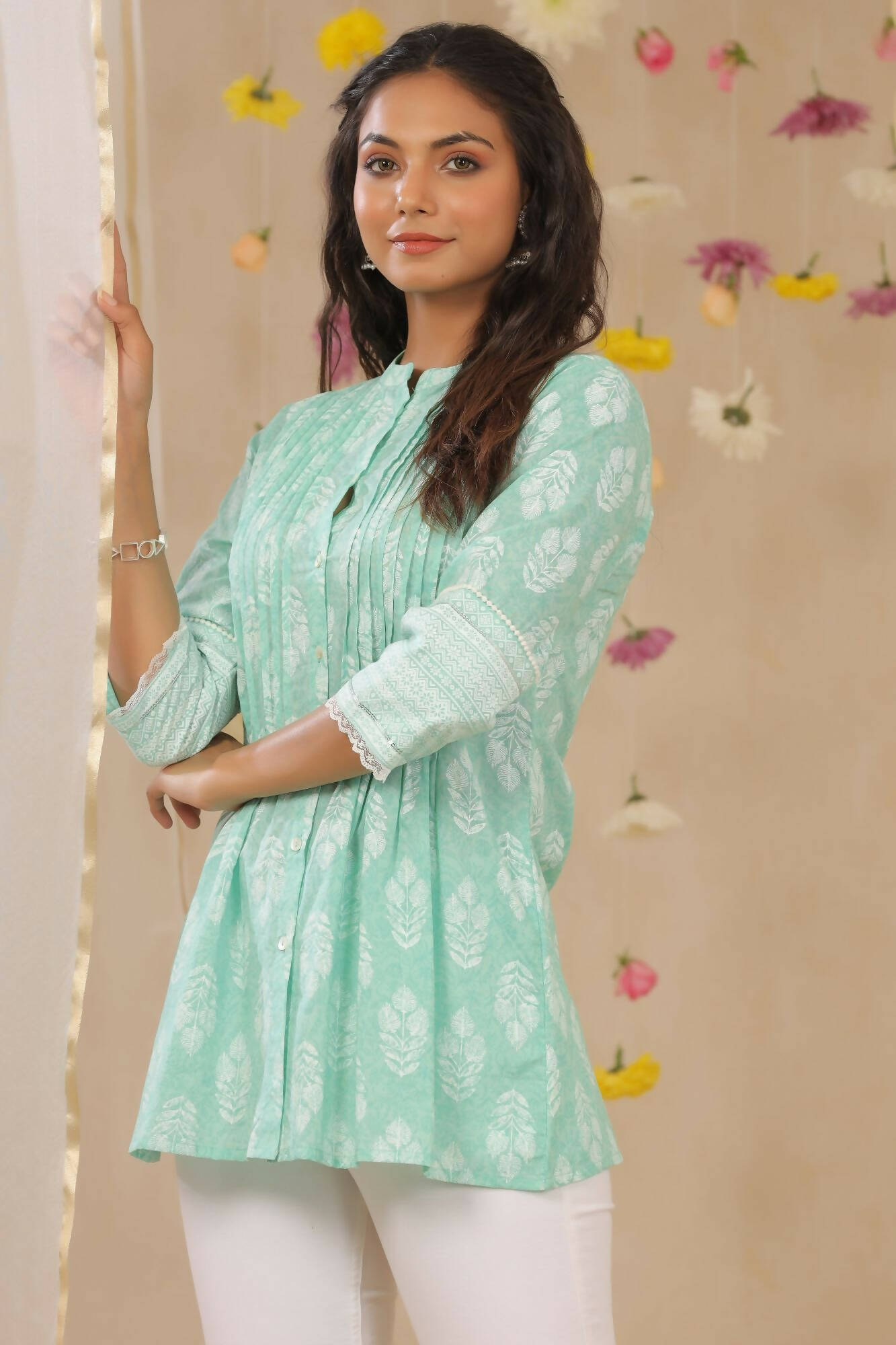 Juniper Women Mint Cambric Printed A-Line Tunic | Grocsy