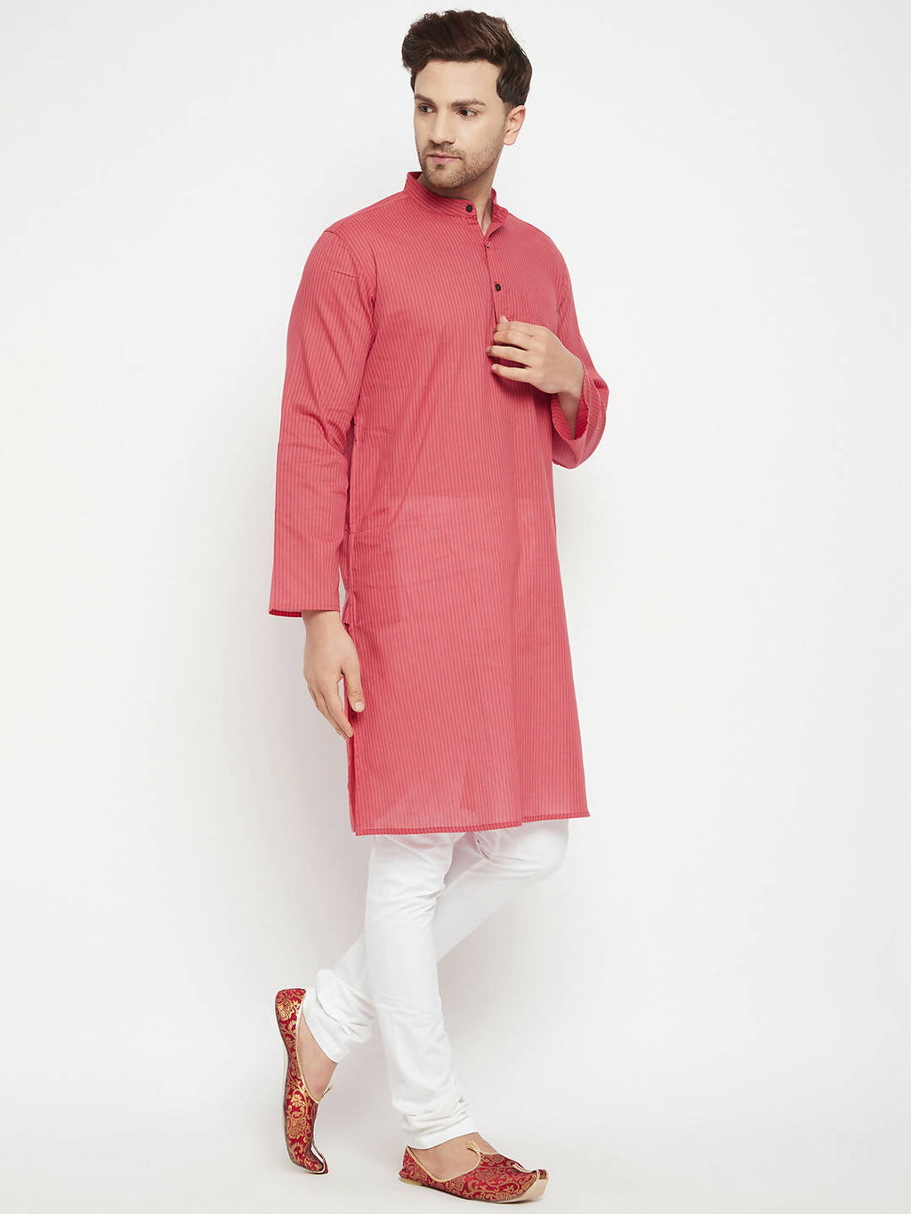 Even Apparels Rust Pure Cotton Long Men's Kurta With Band Collar | Grocsy