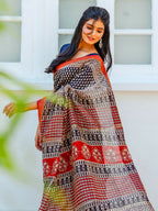 Zibaa Hand-Blocked Pure Maheshwari Silk Navy Blue Saree | Grocsy