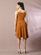 Myshka Women's Mustard Solid Shoulder Straps Fit and Flare Party Dress | Grocsy