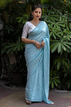 Sky Blue Poly Georgette Woven Design Saree with Unstitched Blouse - A2M | Grocsy