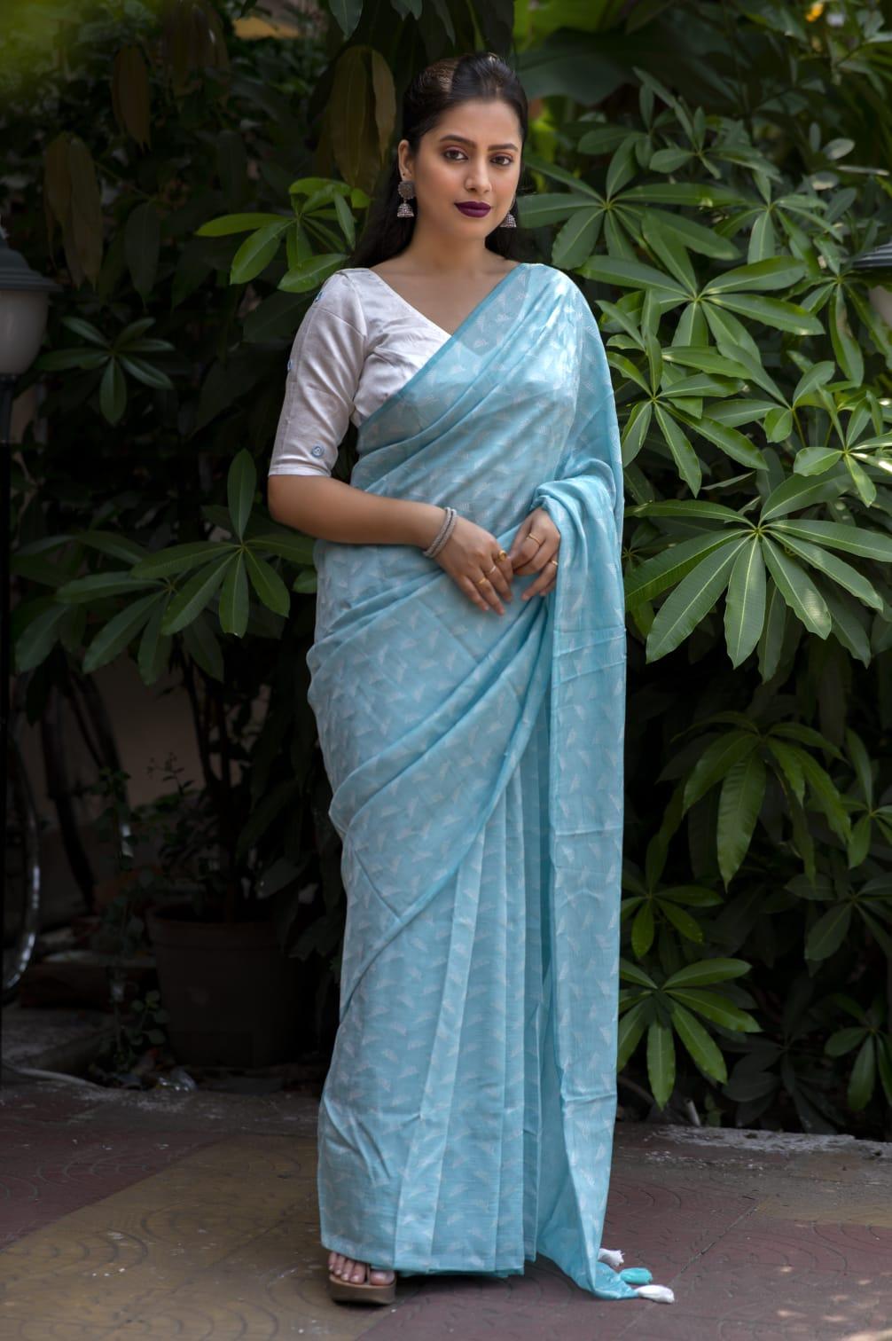 Sky Blue Poly Georgette Woven Design Saree with Unstitched Blouse - A2M | Grocsy