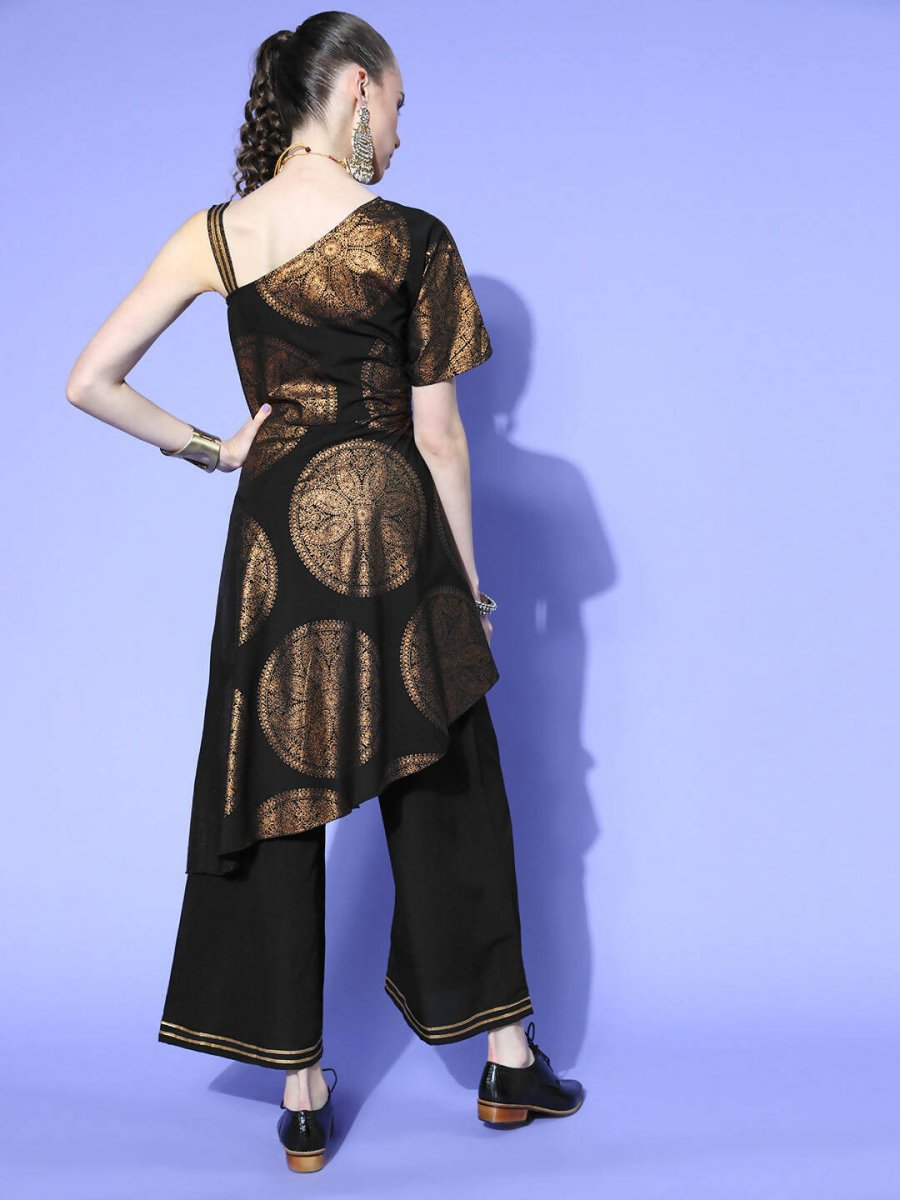 Ahalyaa Women Black Colour Crepe Printed Top Palazzo Set | Grocsy