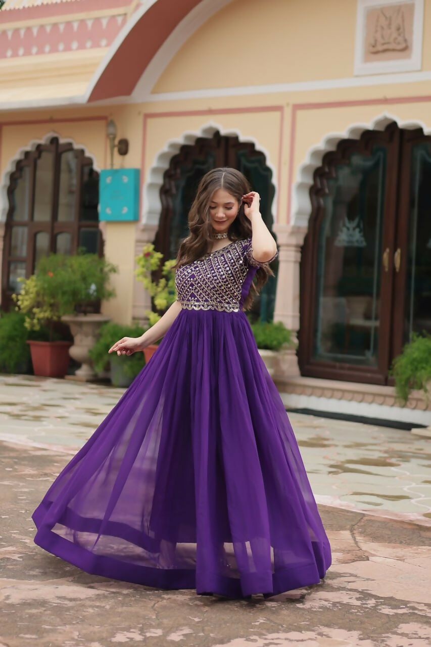 Vastranavya Faux Blooming with Embroidery Zari Sequins-work Gown - Purple | Grocsy
