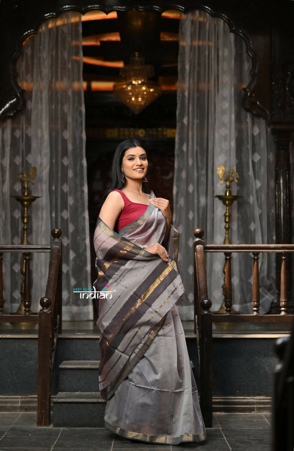 Very Much Indian VMI Exclusive Designer! Handloom Cotton Silk Saree With Sleek Golden Border - Grey Shade | Grocsy