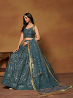Blue Butterfly Soft Net Embroidery With Real Mirror Work Lehenga Choli - Jihu Culture | Grocsy