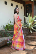 Very Much Indian Pure Linen Saree With Sleek Border And Exclusive Design - Yellow | Grocsy