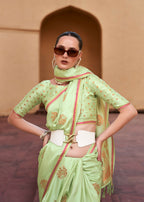 Sprout Green Pure Satin Zari Weaving Wedding Festive Saree - Emponline | Grocsy