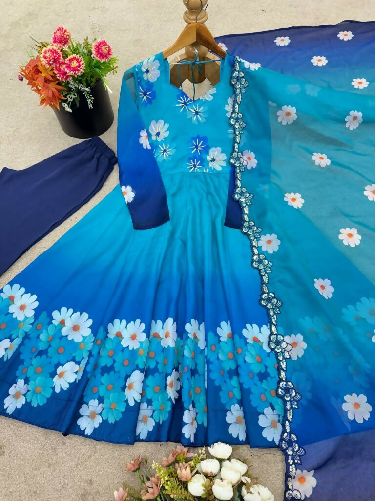 Teeya Creation Multi Color Taby Organza Silk Printed Party Wear Gown | Grocsy