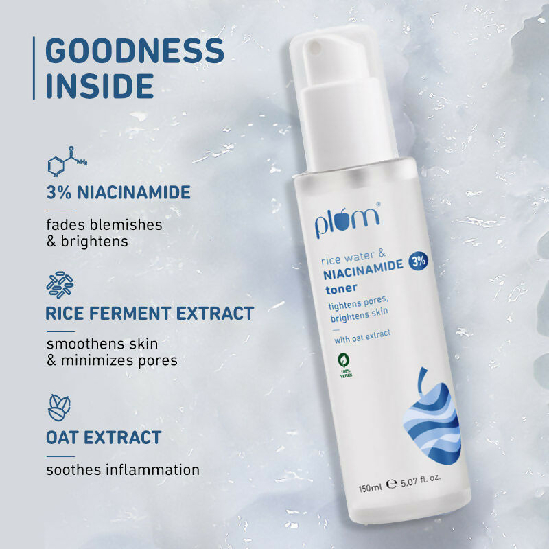 Plum 3% Niacinamide Alcohol-Free Toner With Rice Water and 10% Niacinamide Brightening Face Serum Combo | Grocsy