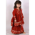 Little Bansi Girls Maroon Color Brocade patch work Kurta Frock with Sharara and Dupatta | Grocsy