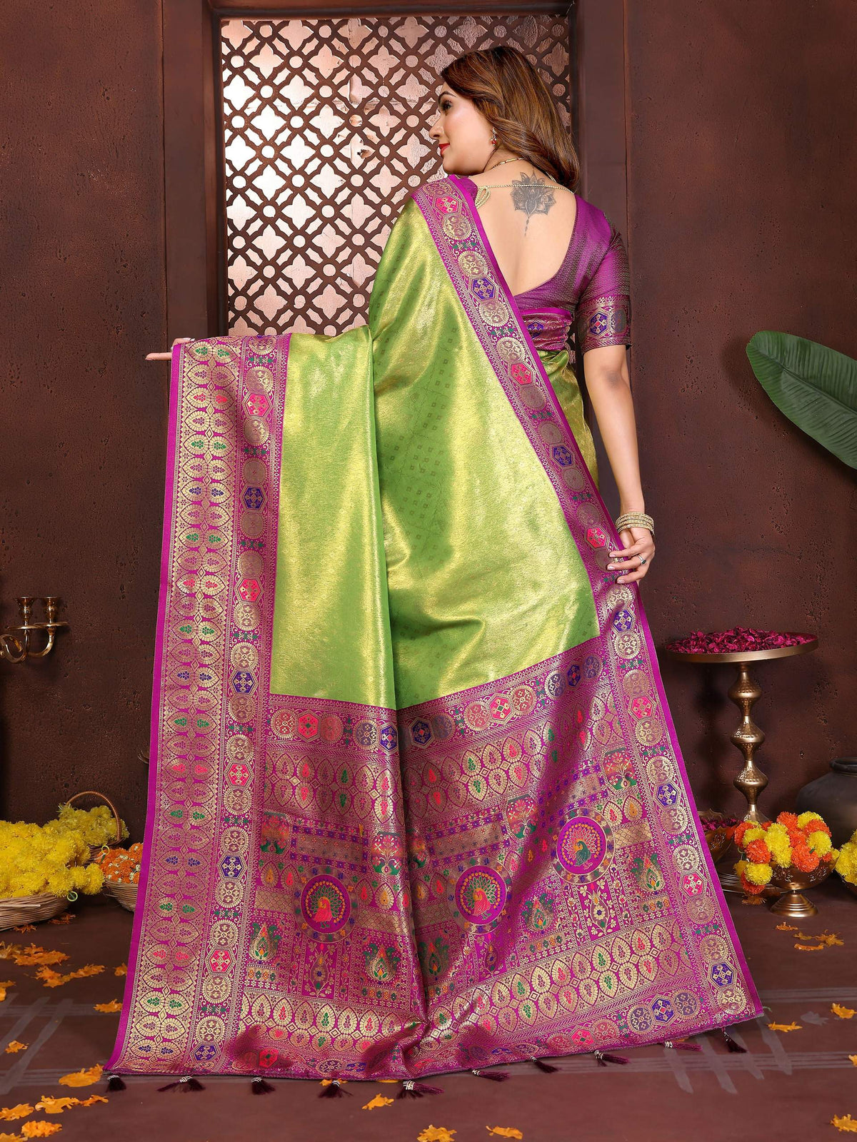 Aastha Fashion Green Tissue Silk Weaving Saree | Grocsy