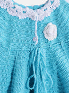 Chutput Kids Woollen Hand Knitted Full Sleeves Flower Work Dress For Baby Girls - Blue | Grocsy
