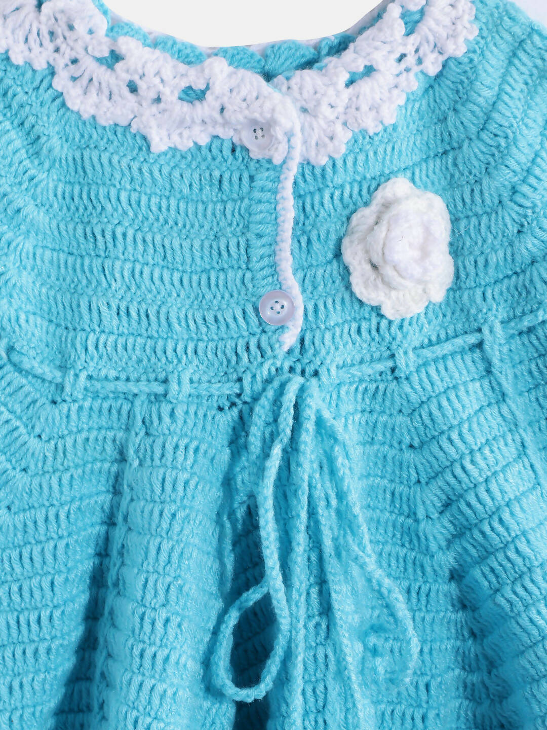 Chutput Kids Woollen Hand Knitted Full Sleeves Flower Work Dress For Baby Girls - Blue | Grocsy