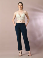 Myshka Women'sNavy Blue Solid Party straight Trousers | Grocsy