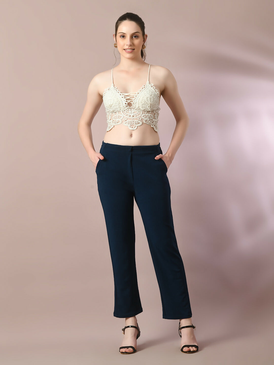 Myshka Women'sNavy Blue Solid Party straight Trousers | Grocsy