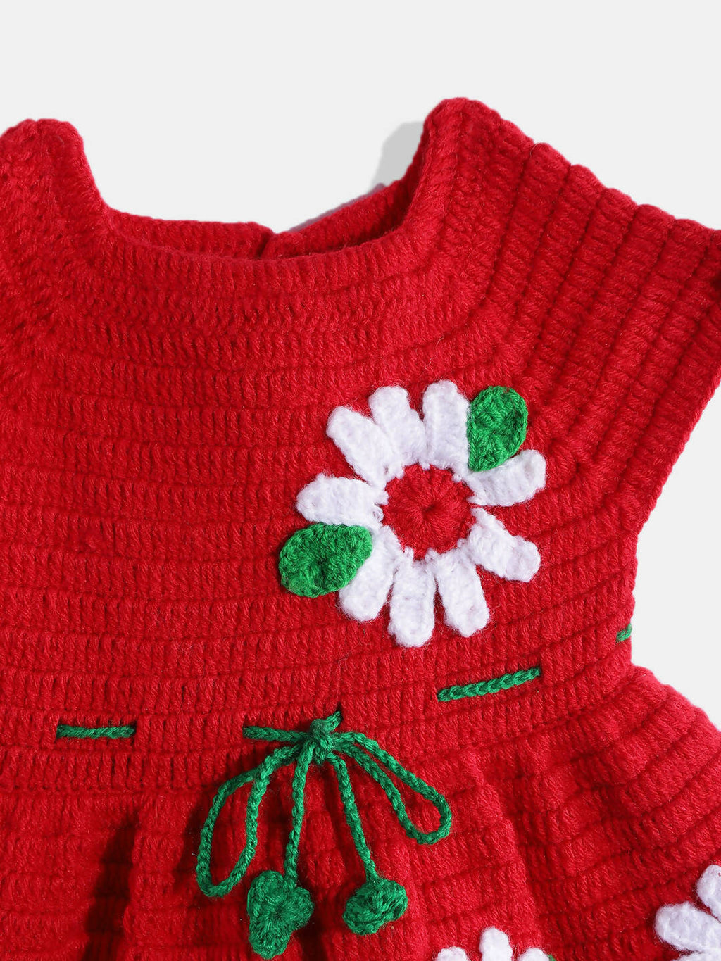 Chutput Kids Woollen Hand Knitted Short Sleeves Flower Detail Dress For Baby Girls - Red | Grocsy