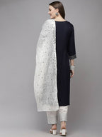 Yufta Women Navy Blue Yoke Design Regular Sequinned Kurta with Palazzo & With Dupatta | Grocsy