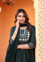 Alvano Women's Embroidery work Print Naira Cut Kurti with Pant and Dupatta set Rayon | Grocsy