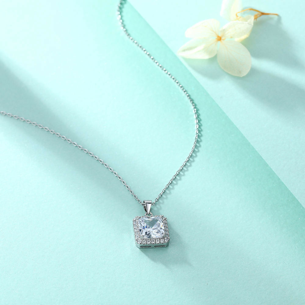 Cauer Radiant Moissanite Pendant Necklace in 925 Sterling Silver, White Gold Plated | Grocsy