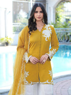 Nikhaar Dark Yellow Embroidered Modal Silk Stitched Straight Cut Kurta Kalidar Palazzo Dupatta Readymade Suit | Grocsy