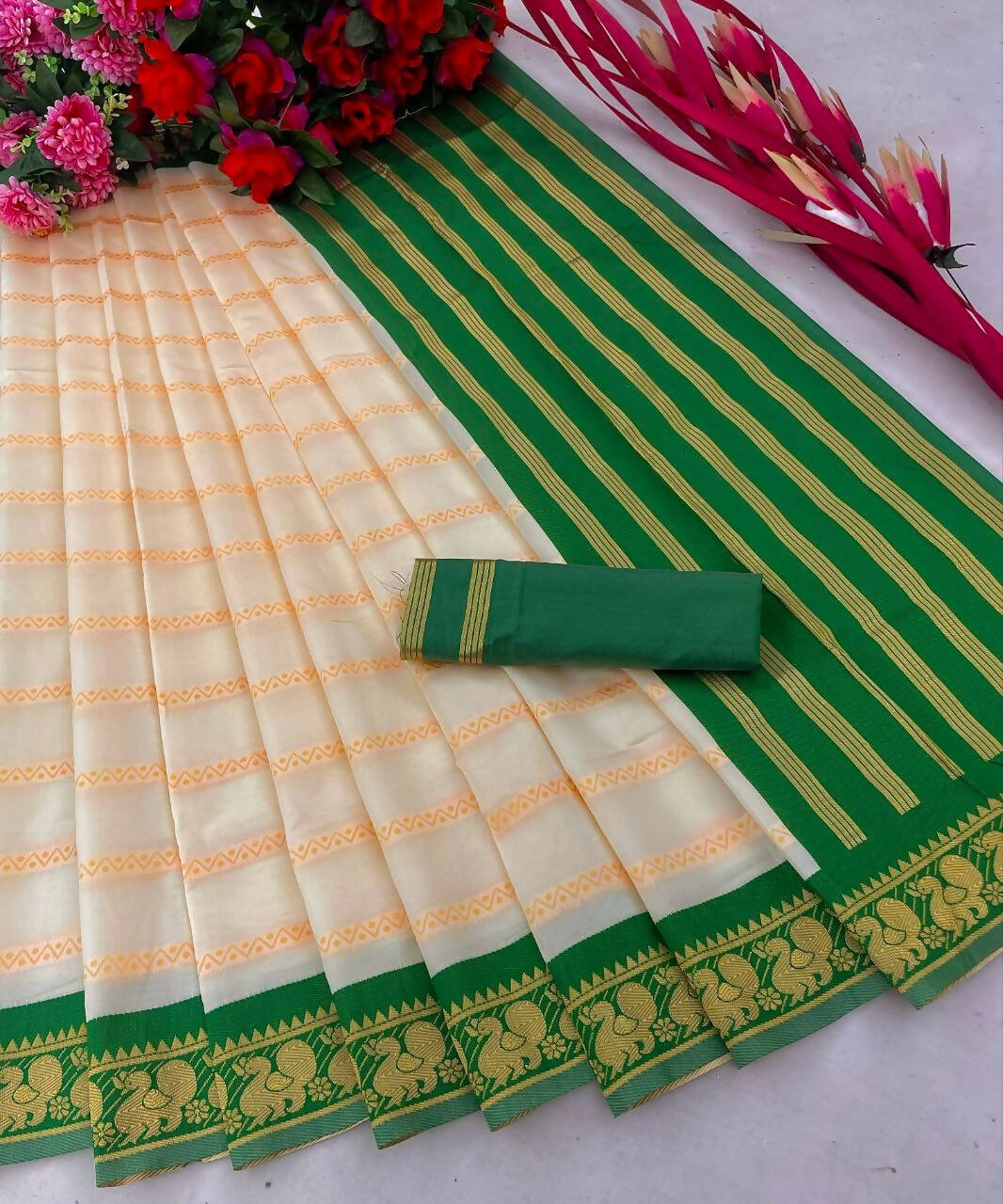 DEIANA'S Beautiful Designer Golden zari Soft Lichi Silk Saree - White | Grocsy