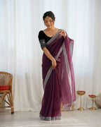 Attrctive Looking Gold Jari, Sequance Embroidery Work Twill Net Party Wear Saree - Wine | Grocsy