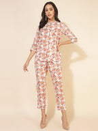 Janasya Women's White Cotton Floral Printed Casual A-Line Co-ords | Grocsy