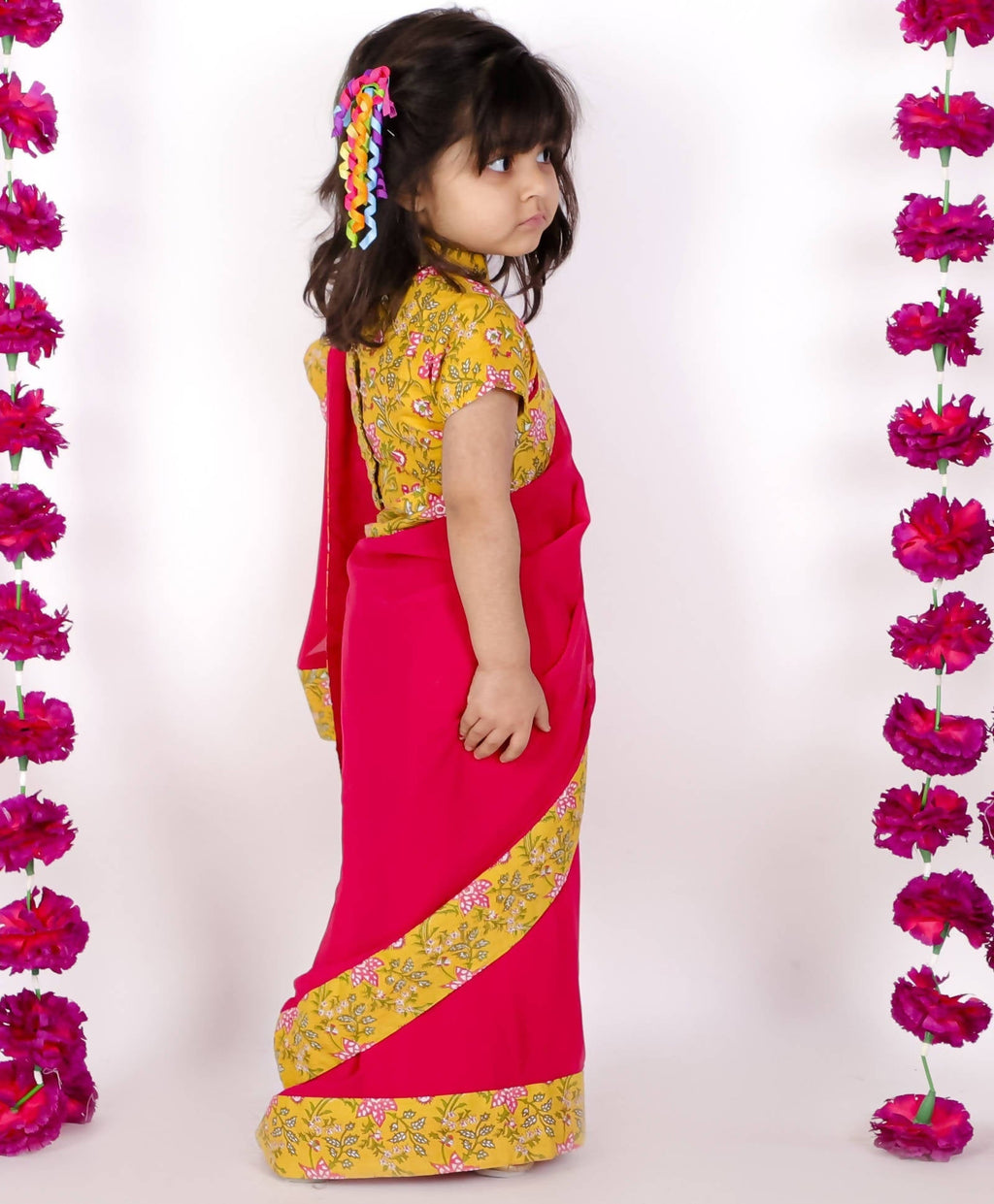 Little Bansi Girls Yellow and Magenta Red Saree with Floral Blouse | Grocsy