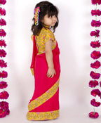 Little Bansi Girls Yellow and Magenta Red Saree with Floral Blouse | Grocsy