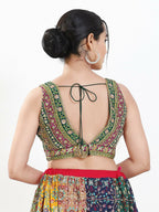 Joban Fashion Green Multi Georgette Padded Blouse With V Neck Sleeveless | Grocsy