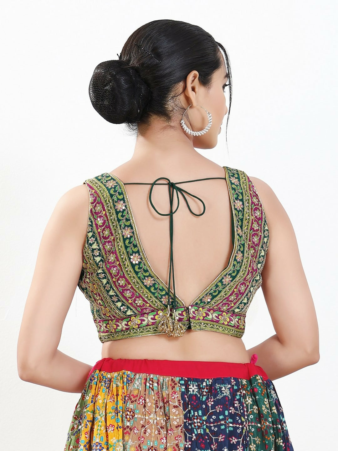 Joban Fashion Green Multi Georgette Padded Blouse With V Neck Sleeveless | Grocsy