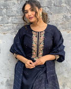 The52 Blue Women's Gorgeous Embroidered Viscose Chanderi Fabric Straight Kurta Pant with Dupatta Set | Grocsy