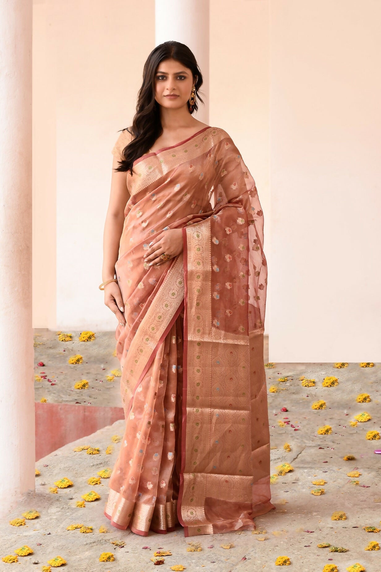 Joban Fashion Rose Gold Pure Banarasi Tissue Saree | Grocsy