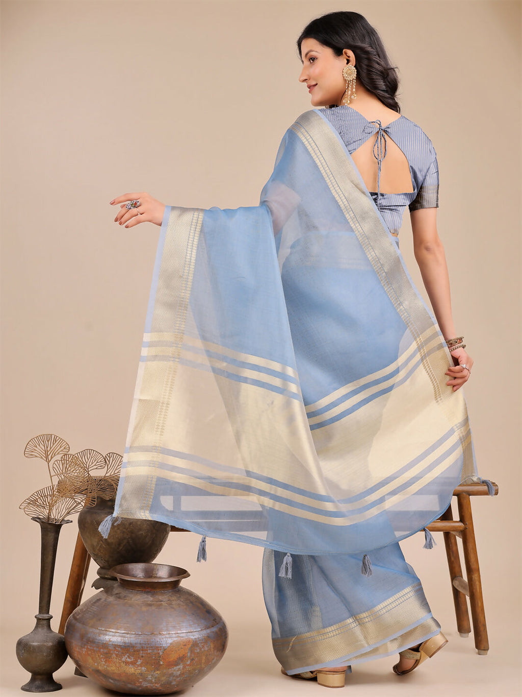 Shree Shyam Fashion Seoul Sky Blue Organza Saree | Grocsy