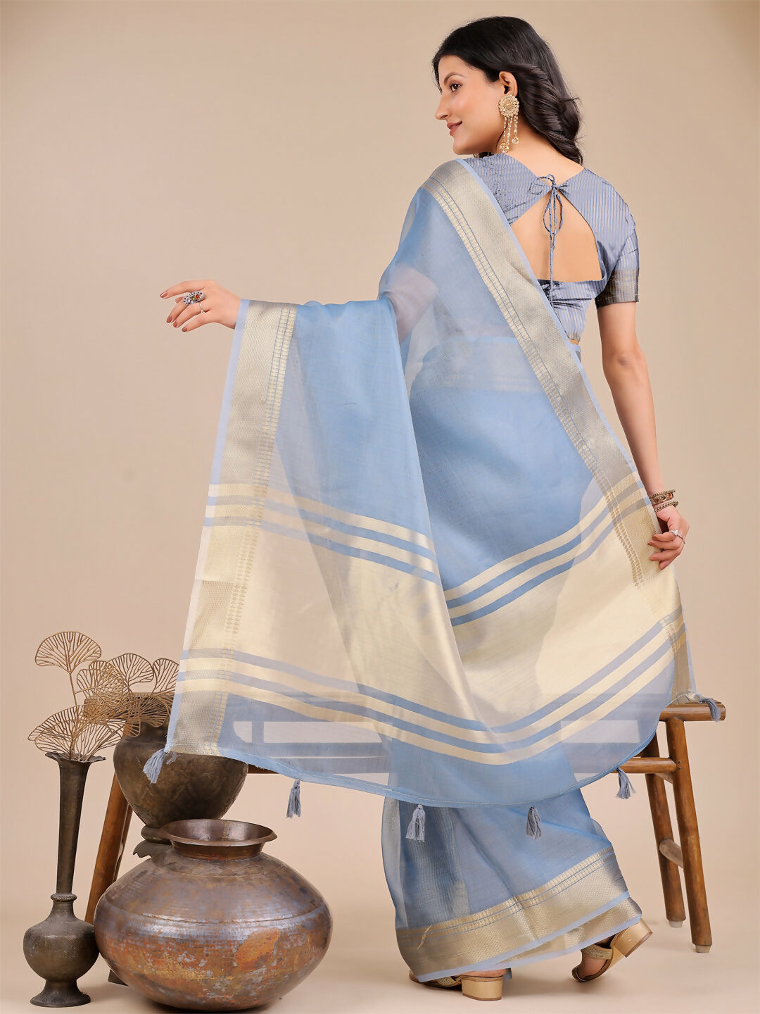 Shree Shyam Fashion Seoul Sky Blue Organza Saree | Grocsy