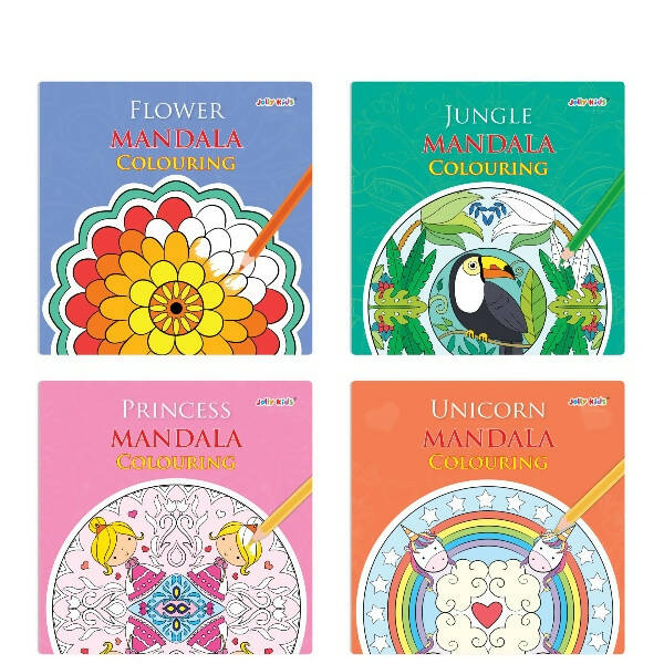 Jolly Kids Mandala Colouring Books Set| Set of 4| Colouring Book: Stress Relieving Designs Flower, Jungle, Princess & Unicorn Colouring Books | Grocsy
