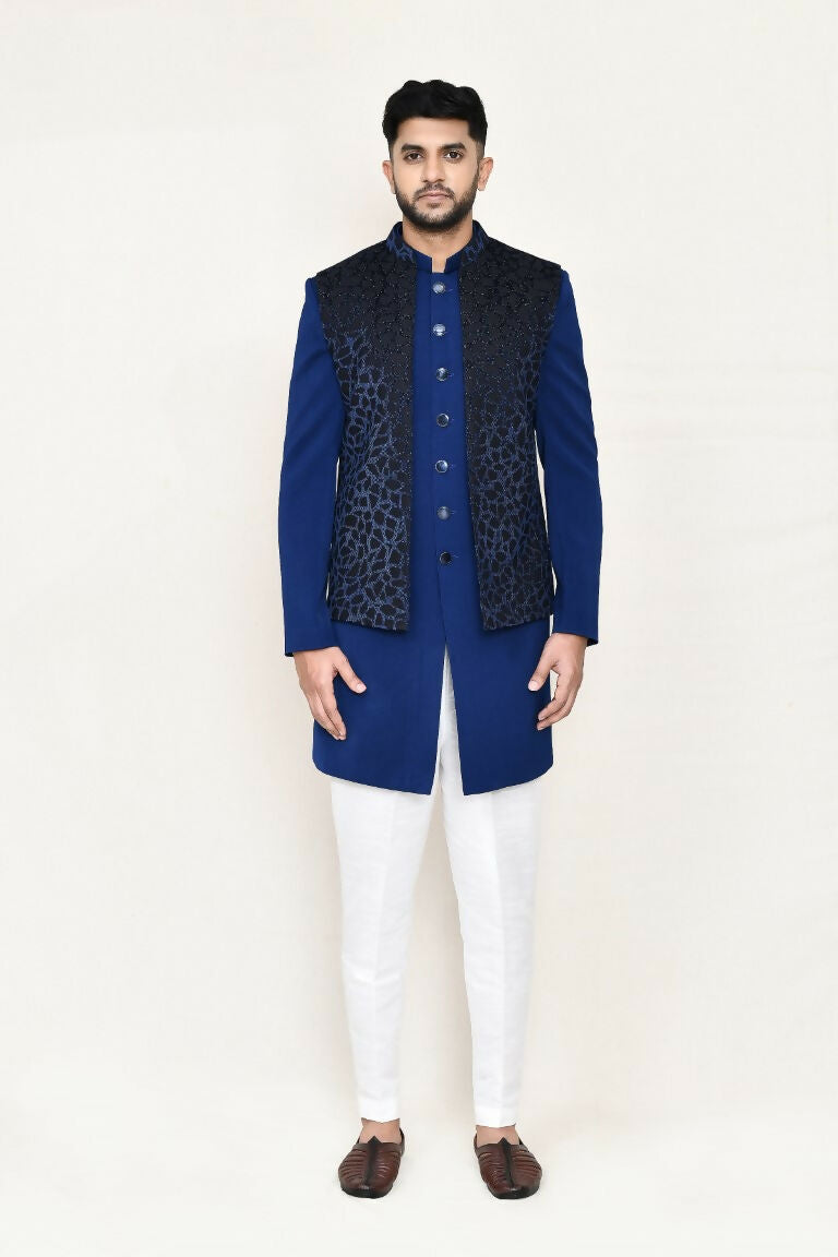 Joban Fashion Blue Colored Imported Jacquard Fabric Open Jacket, Indo Western With Straight Fit Pant | Grocsy