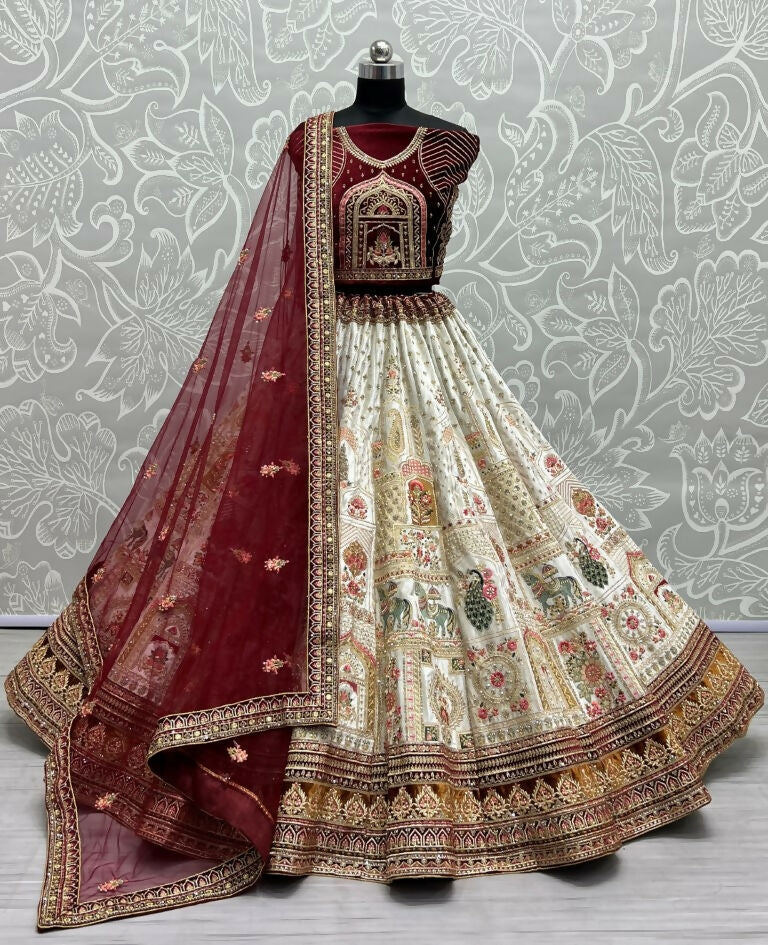 Jyoti Fashion Women's White Velvet Fancy Dori & Sequins with Multi Thread Embroidered with Diamond Work Wedding Lehenga Choli | Grocsy