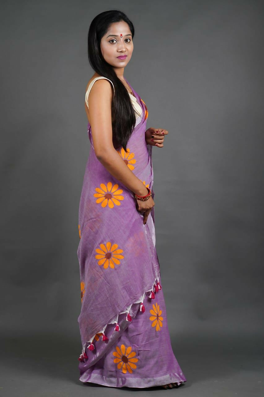 Exclusive Collection Pink Pure Cotton Saree With Sunflower Design | Grocsy
