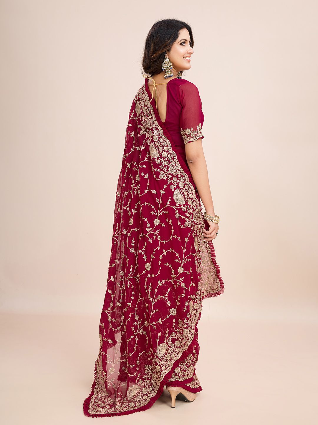 kasee Floral Embroidered Pure Georgette Ready to Wear Saree | Grocsy
