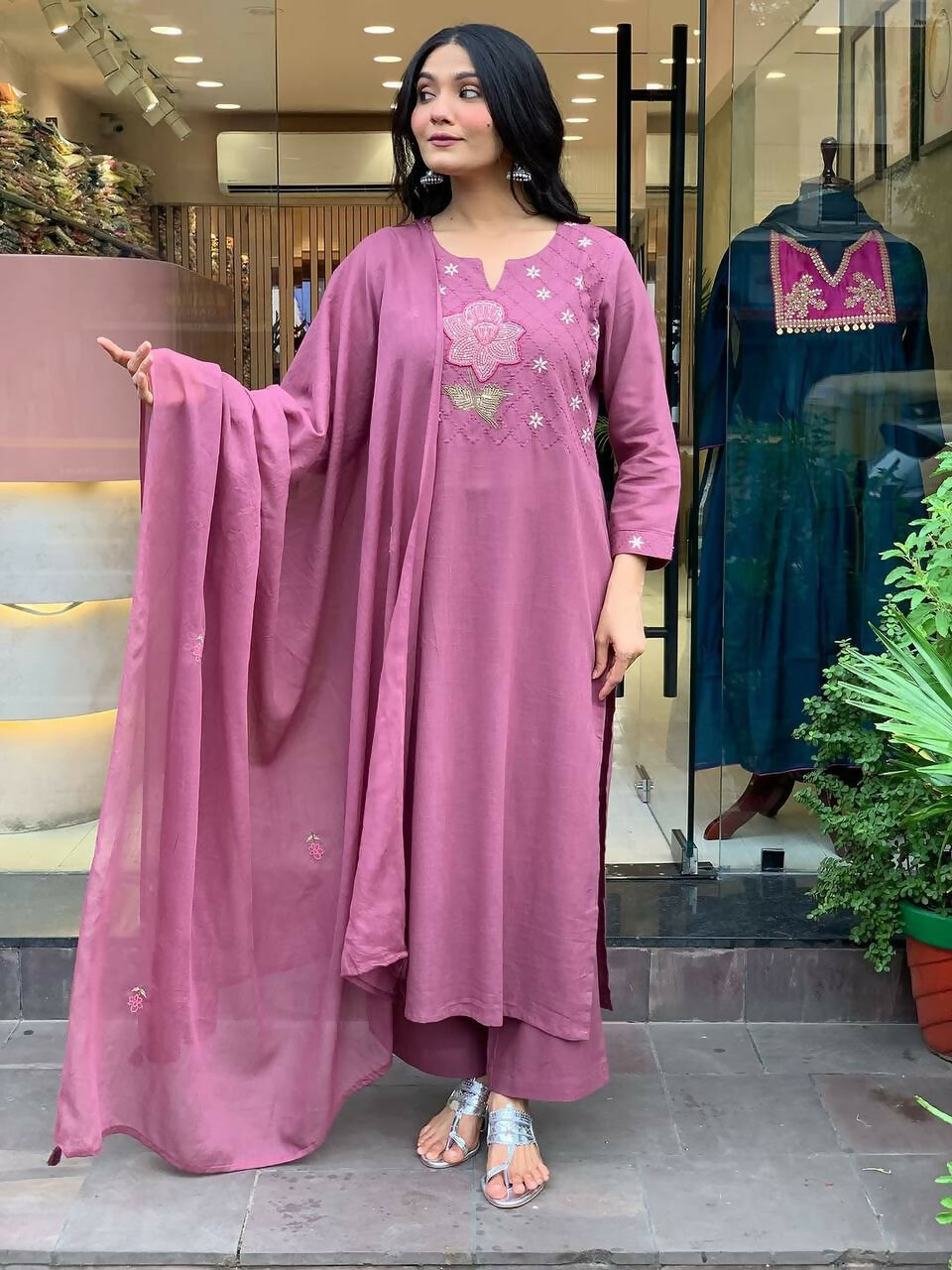 The52 Peach Women's Gorgeous Embroidered Cotton Fabric Straight Kurta Pant with Dupatta Set | Grocsy