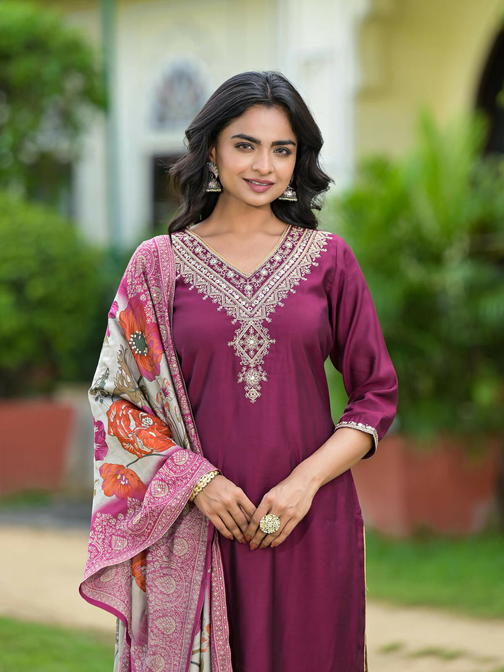 Juniper Women's Wine Solid Viscose Kurta Pant With Dupatta Set With Zari & Mirror Embroidery | Grocsy