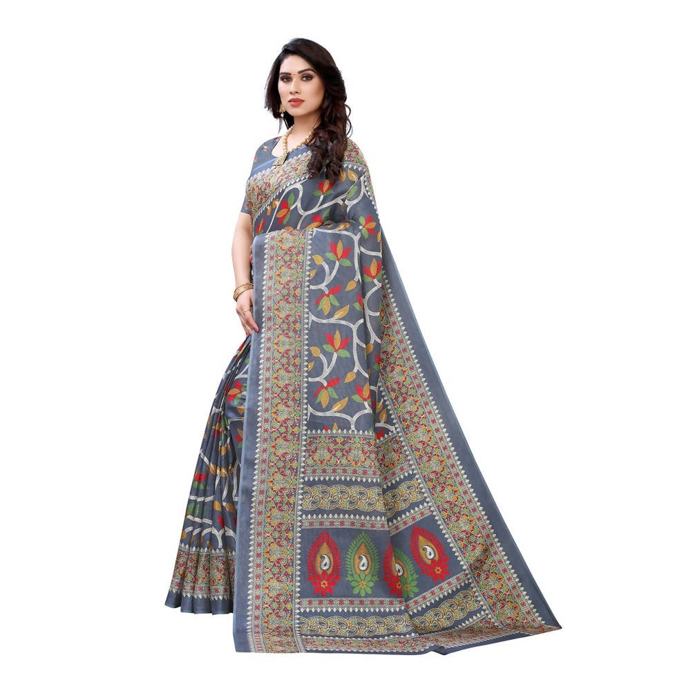 Vamika Printed Jute Silk Grey Saree (Rishika Grey) | Grocsy