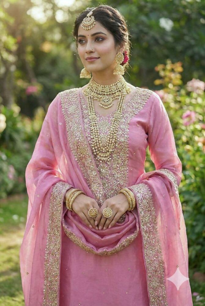 Teeya Creation Baby Pink Color Fendy Silk Embroidery Work Wedding Wear Salwar Suit | Grocsy