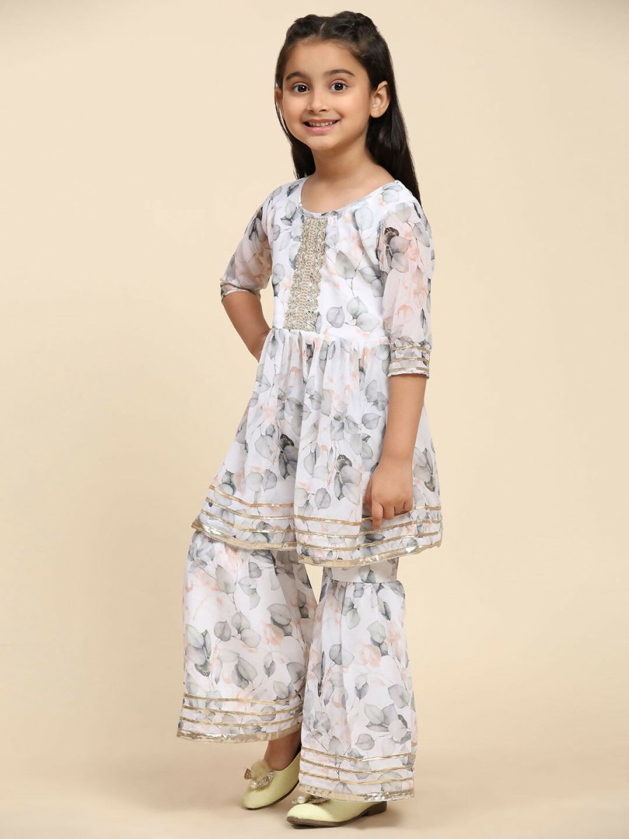 Alakhi Studio Girls Floral Georgette Printed Round-Neck Kurta With Sharara - White | Grocsy
