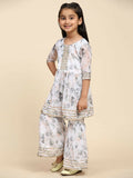 Alakhi Studio Girls Floral Georgette Printed Round-Neck Kurta With Sharara - White | Grocsy